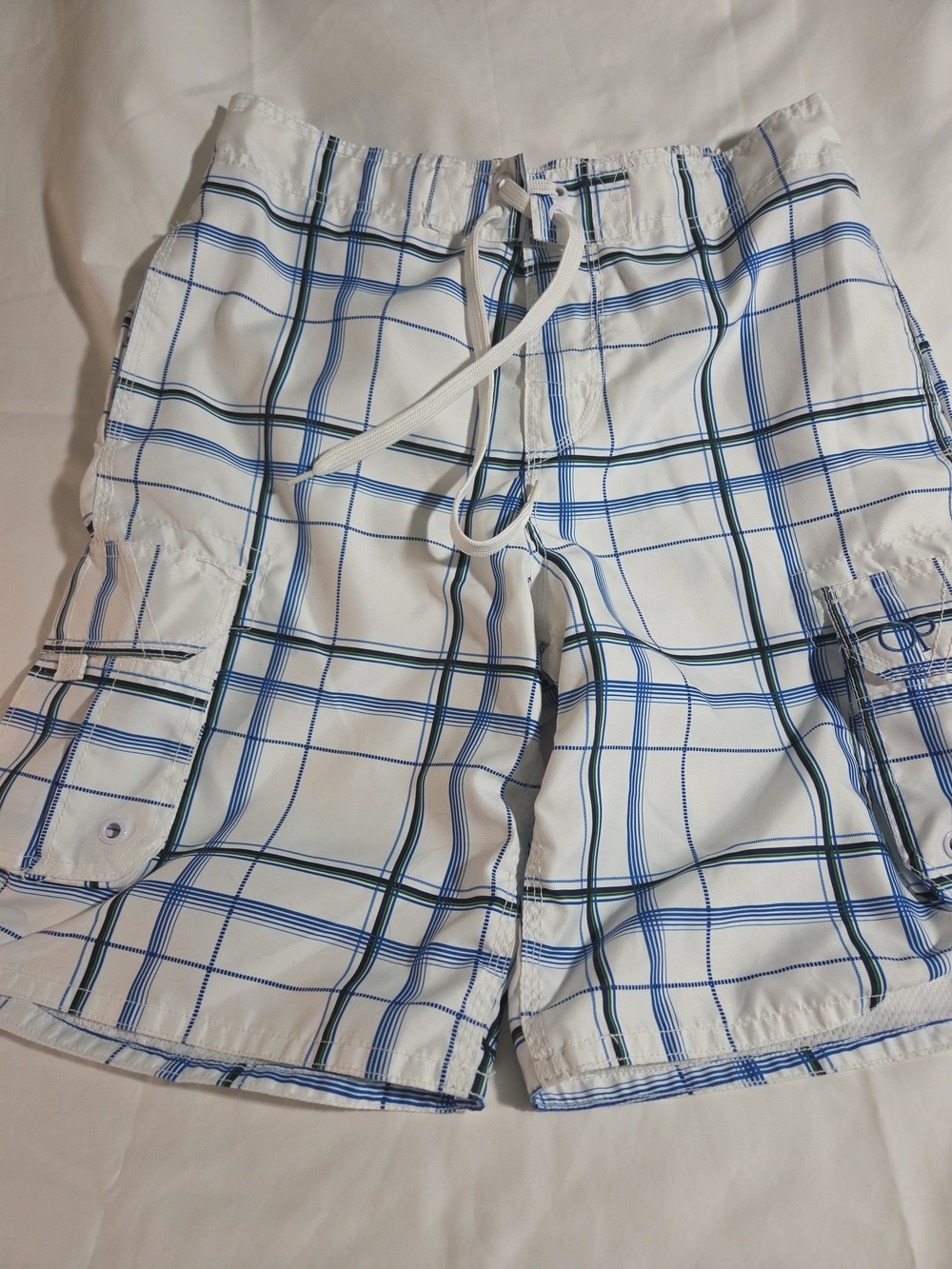 OP White Plaid Swim Trunks with Blue and Green Stripes